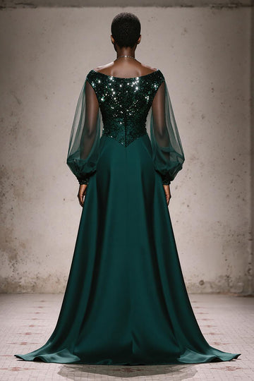 Dark Green Long Sleeve Sequin A Line Evening Dress